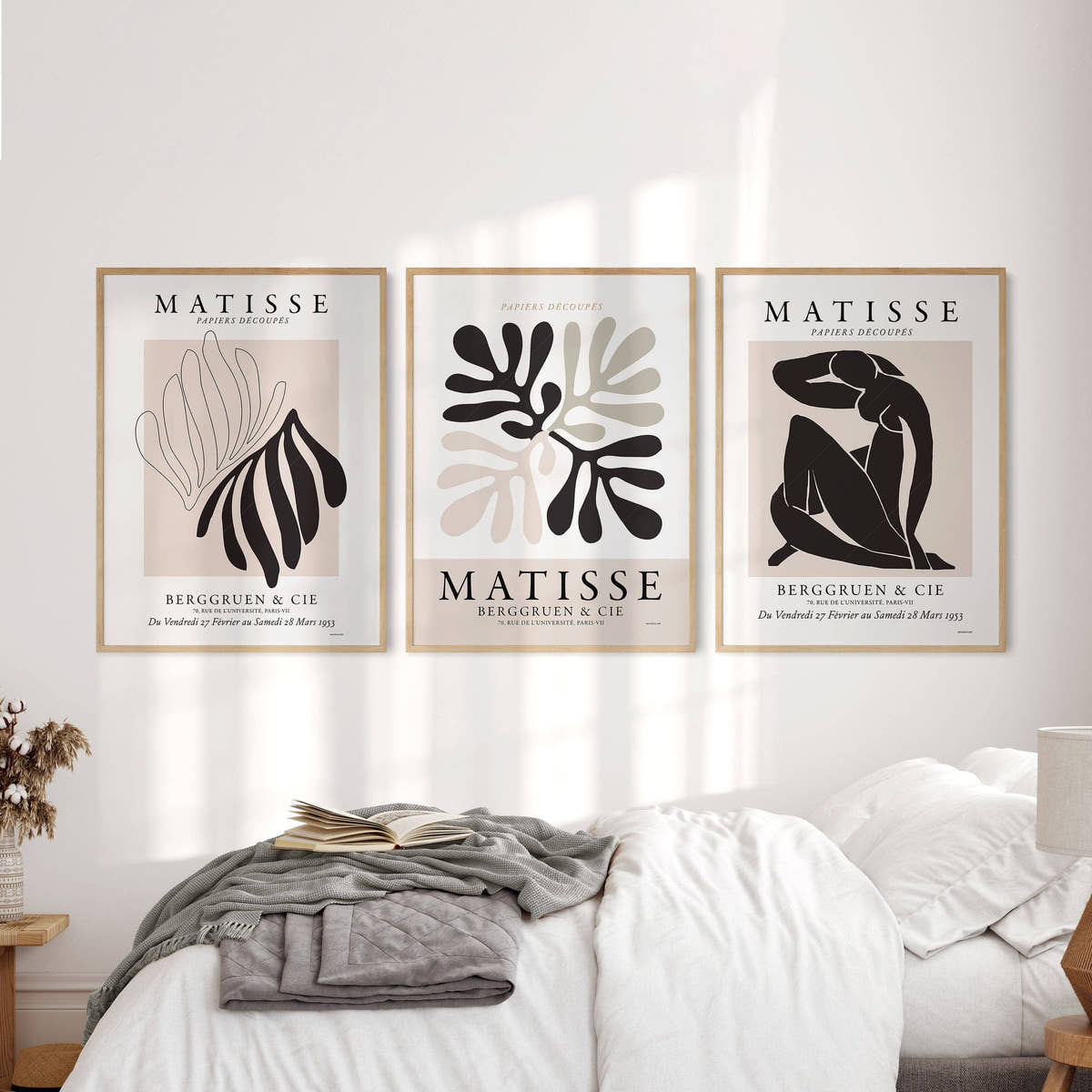 Henri Matisse Gallery Wall, Set of 3 Prints, Black Beige and White Colors, Modern home decor