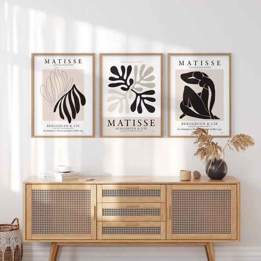 Henri Matisse Gallery Wall, Set of 3 Prints, Black Beige and White Colors, Modern home decor