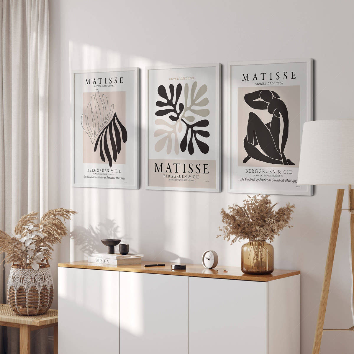 Henri Matisse Gallery Wall, Set of 3 Prints, Black Beige and White Colors, Modern home decor