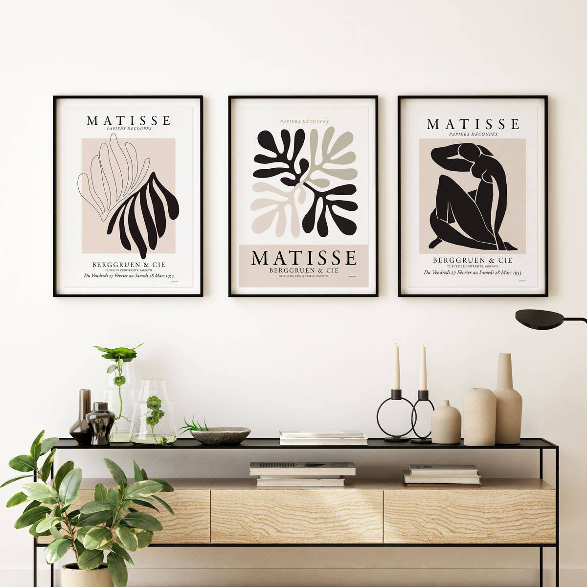 Henri Matisse Gallery Wall, Set of 3 Prints, Black Beige and White Colors, Modern home decor