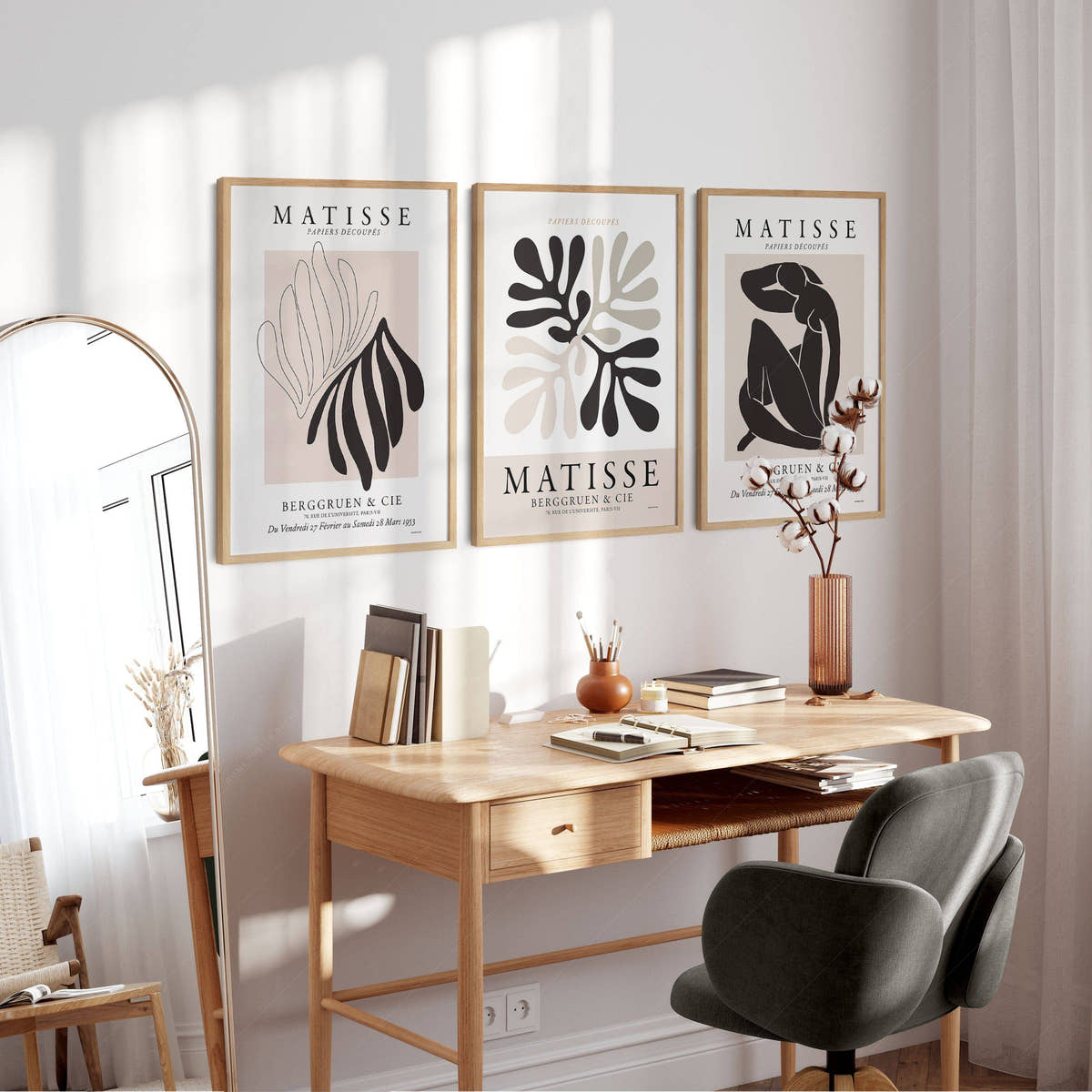 Henri Matisse Gallery Wall, Set of 3 Prints, Black Beige and White Colors, Modern home decor