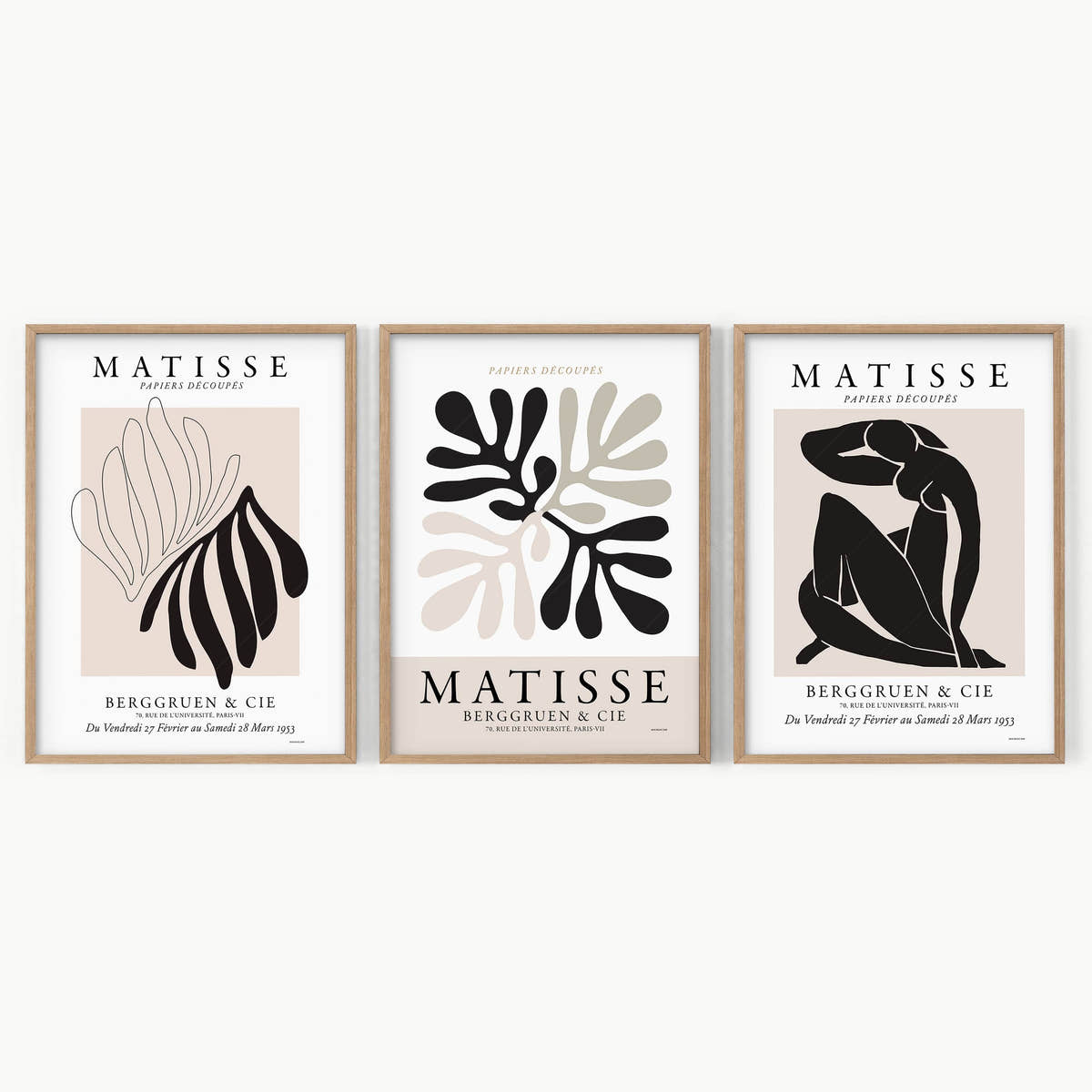 Henri Matisse Gallery Wall, Set of 3 Prints, Black Beige and White Colors, Modern home decor