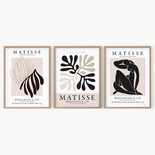 Henri Matisse Gallery Wall, Set of 3 Prints, Black Beige and White Colors, Modern home decor