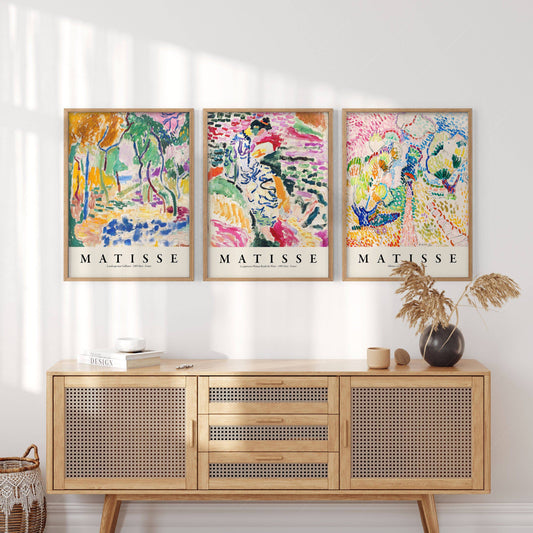 Henri Matisse Gallery Wall Set of 3 wall art print displayed in a bright modern living room