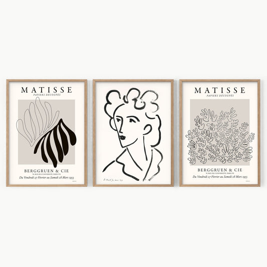 Henri Matisse Gallery Wall Set of 3 wall art print displayed in a bright modern living room