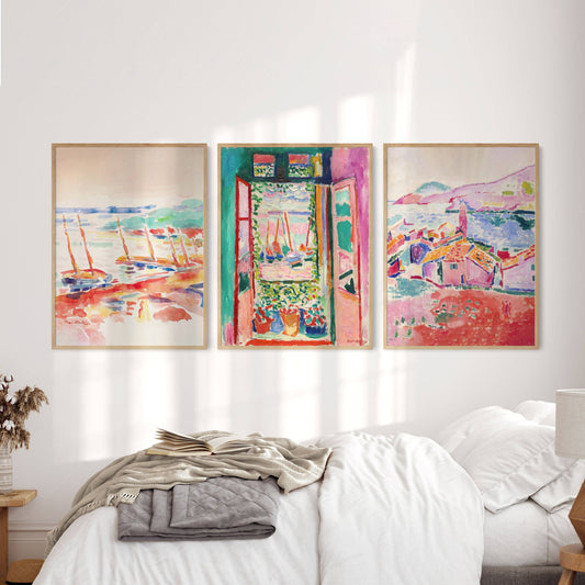 Henri Matisse Gallery Wall Set of 3 wall art print displayed in a bright modern living room