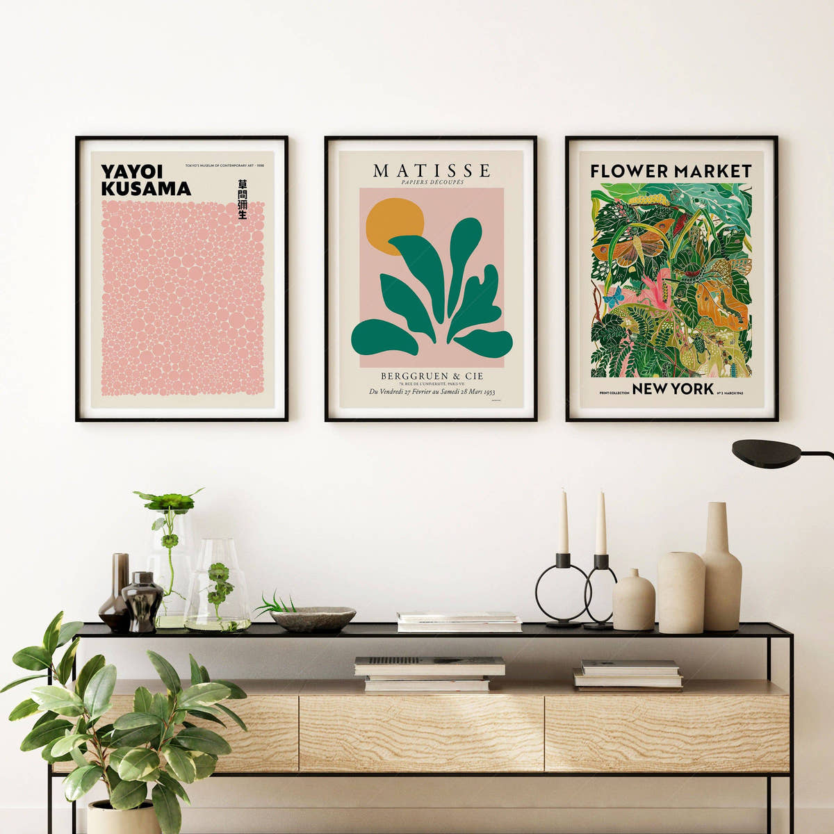 Henri Matisse, Modern Gallery Wall, Henri Matisse, Yayoi Kusama, Flower Market New York, Set of 3 Prints
