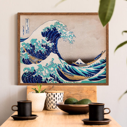 Hokusai The Great Wave off Kanagawa wall art print displayed in a bright modern living room