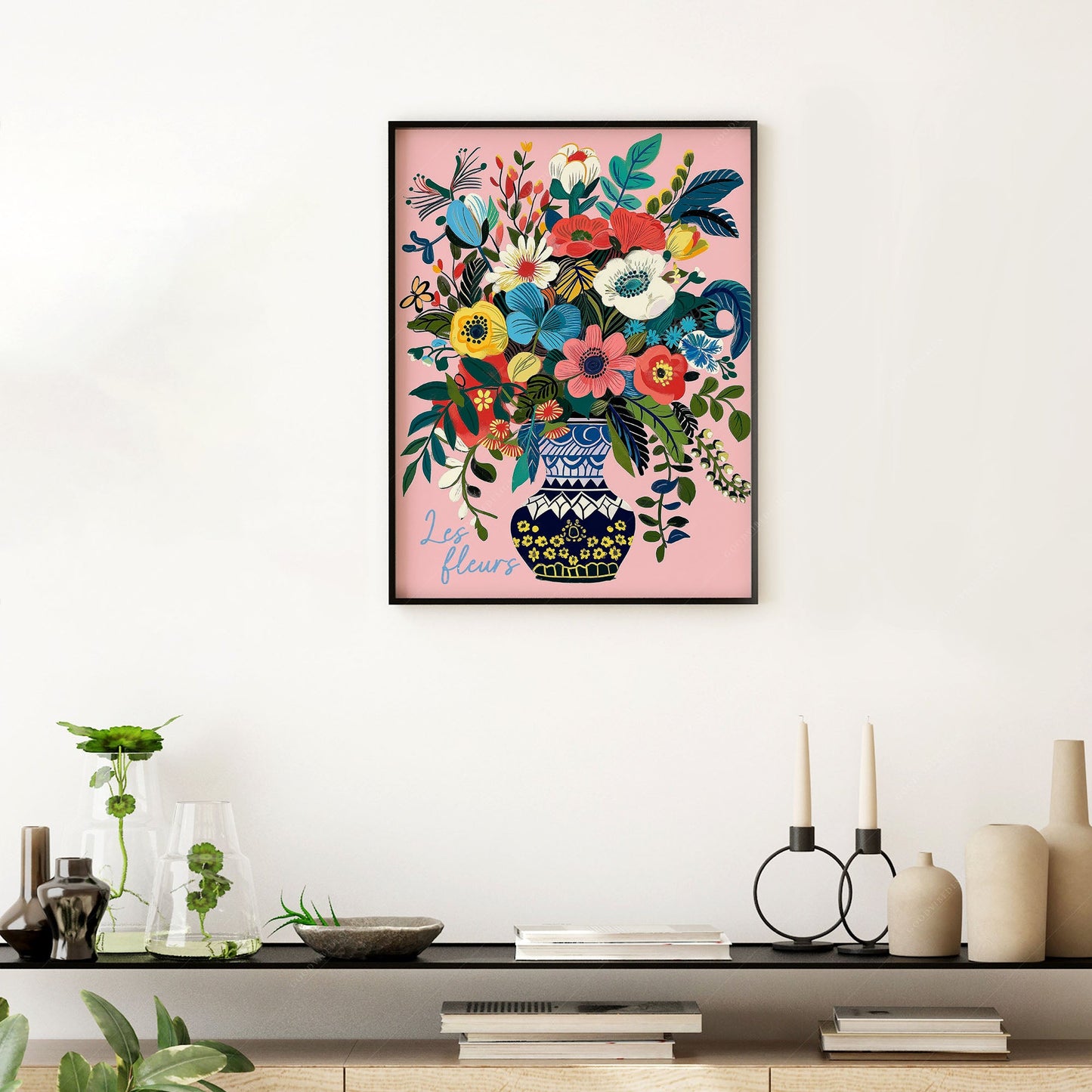 Les Fleurs Botanical wall art print displayed in a bright modern living room
