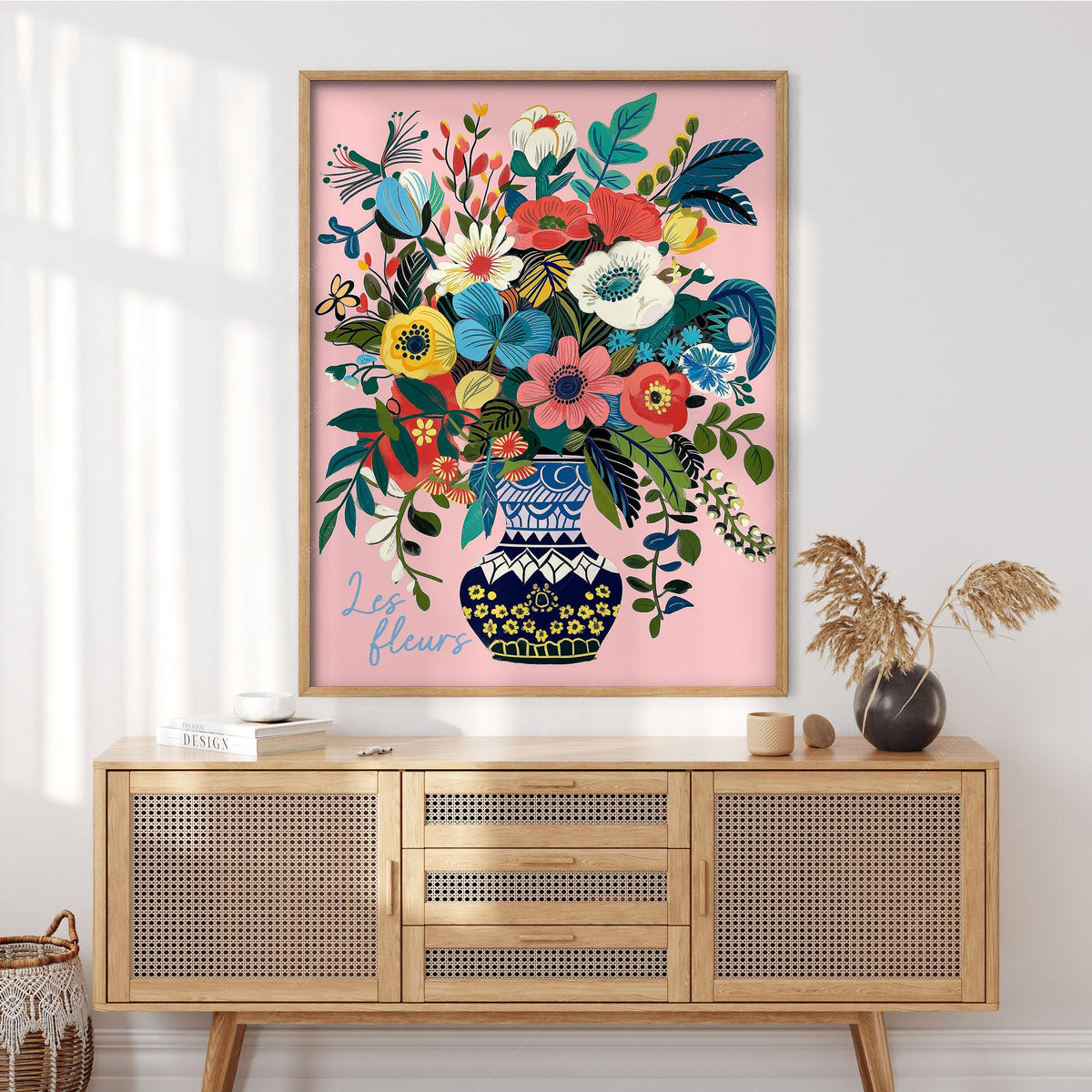 Les Fleurs Botanical wall art in a cozy home study or reading room