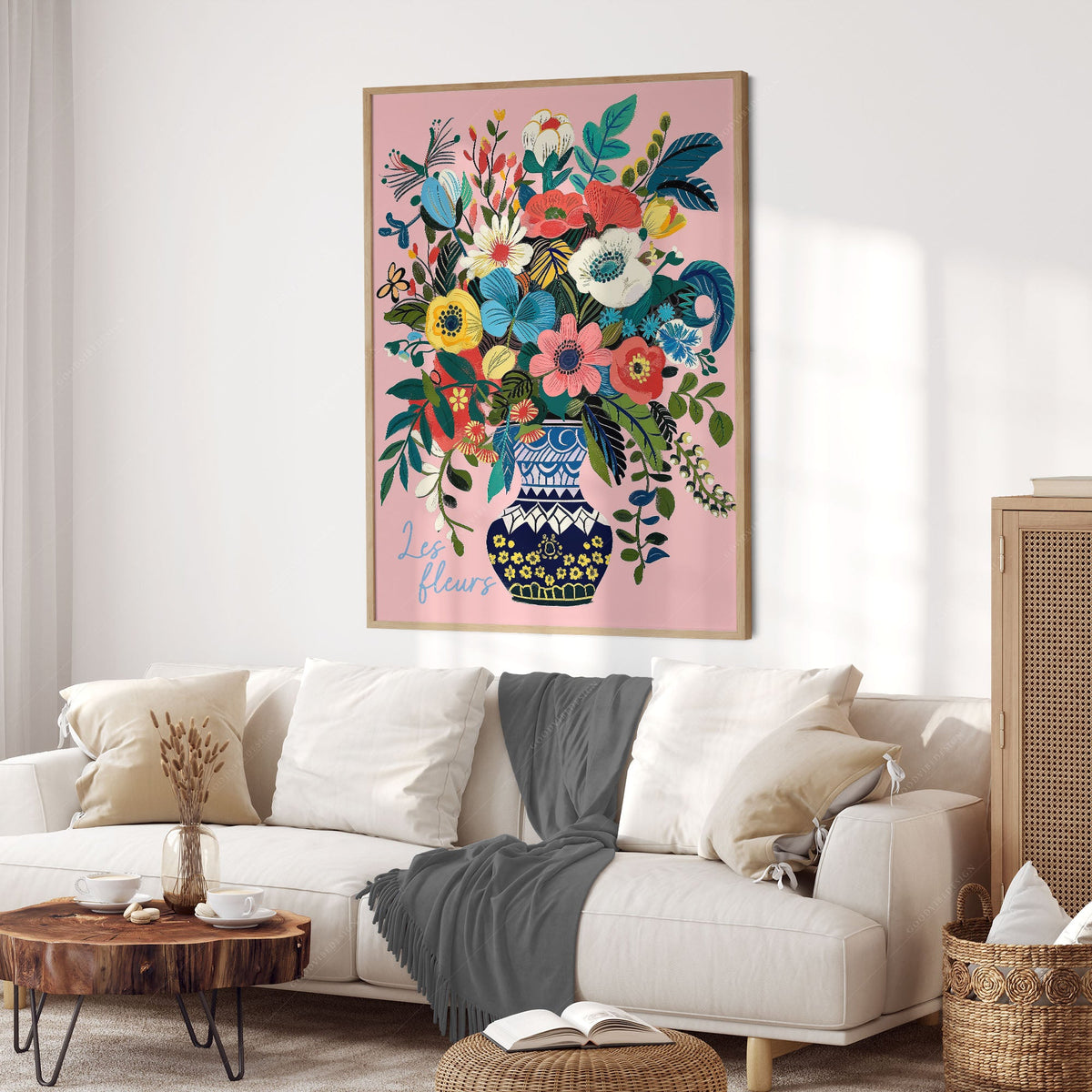 Les Fleurs Botanical print styled in a mid-century modern dining room
