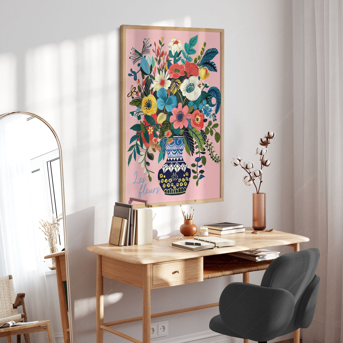 Les Fleurs Botanical art print as wall decor in a minimalist home office