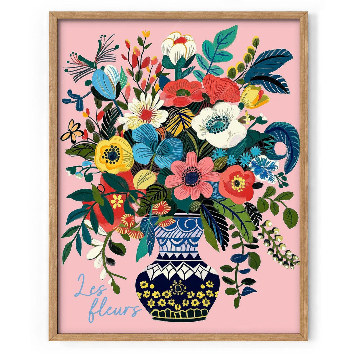 Les Fleurs botanical art print featuring colorful folk-style flowers in a blue decorative vase on pink background.