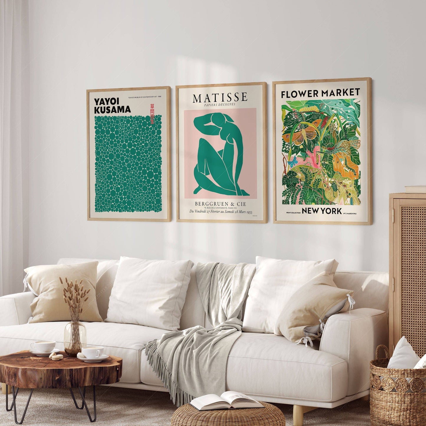 Modern Gallery Wall, Set of 3 Prints, Henri Matisse, Yayoi Kusama, Flower Market New York
