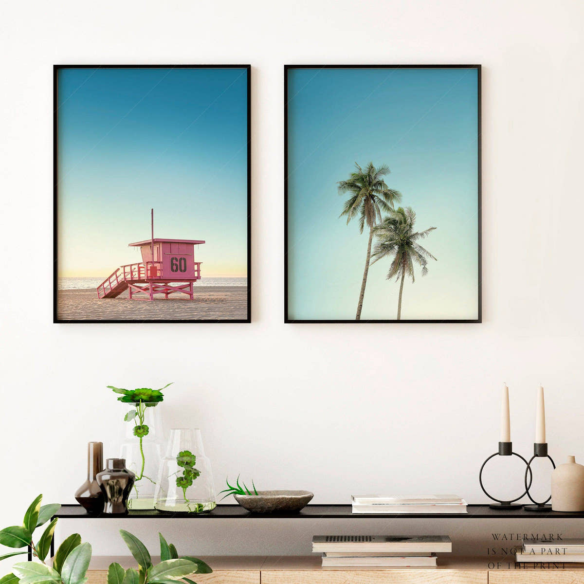 Set of 2 Beach Wall Art, Palm Tree and Lifeguard Tower