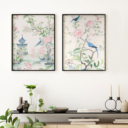 Set of 2 Chinoiserie prints, Delicate floral theme, Vintage bird wall art