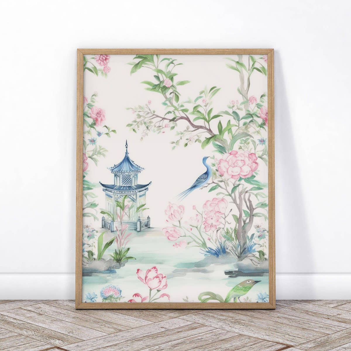 Set of 2 Chinoiserie prints, Delicate floral theme, Vintage bird wall art