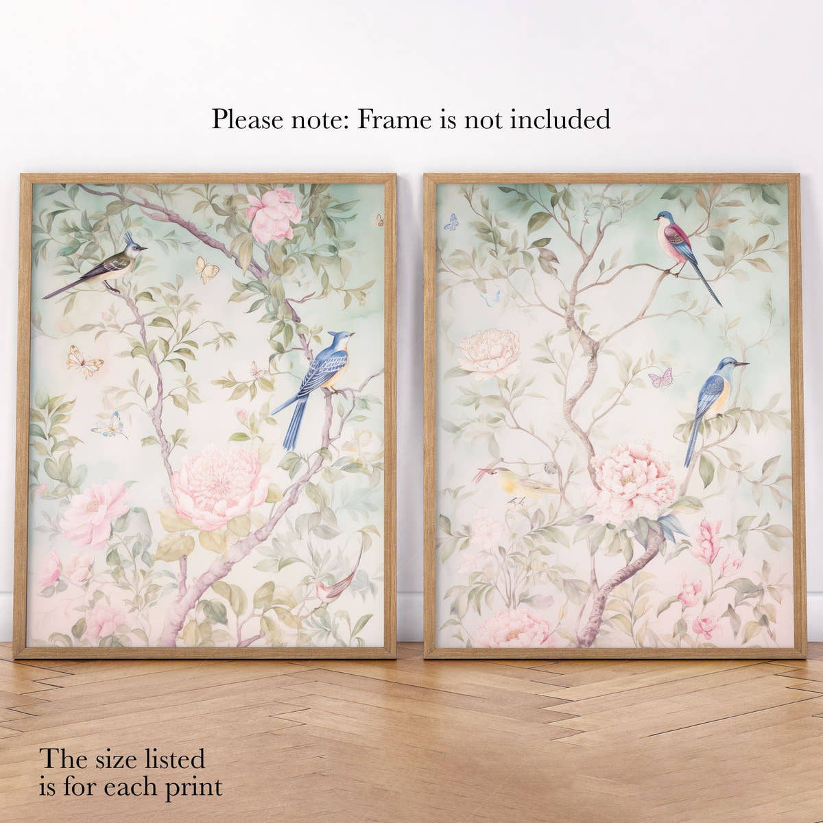 Set of 2 Chinoiserie prints, Delicate floral theme, Vintage bird wall art