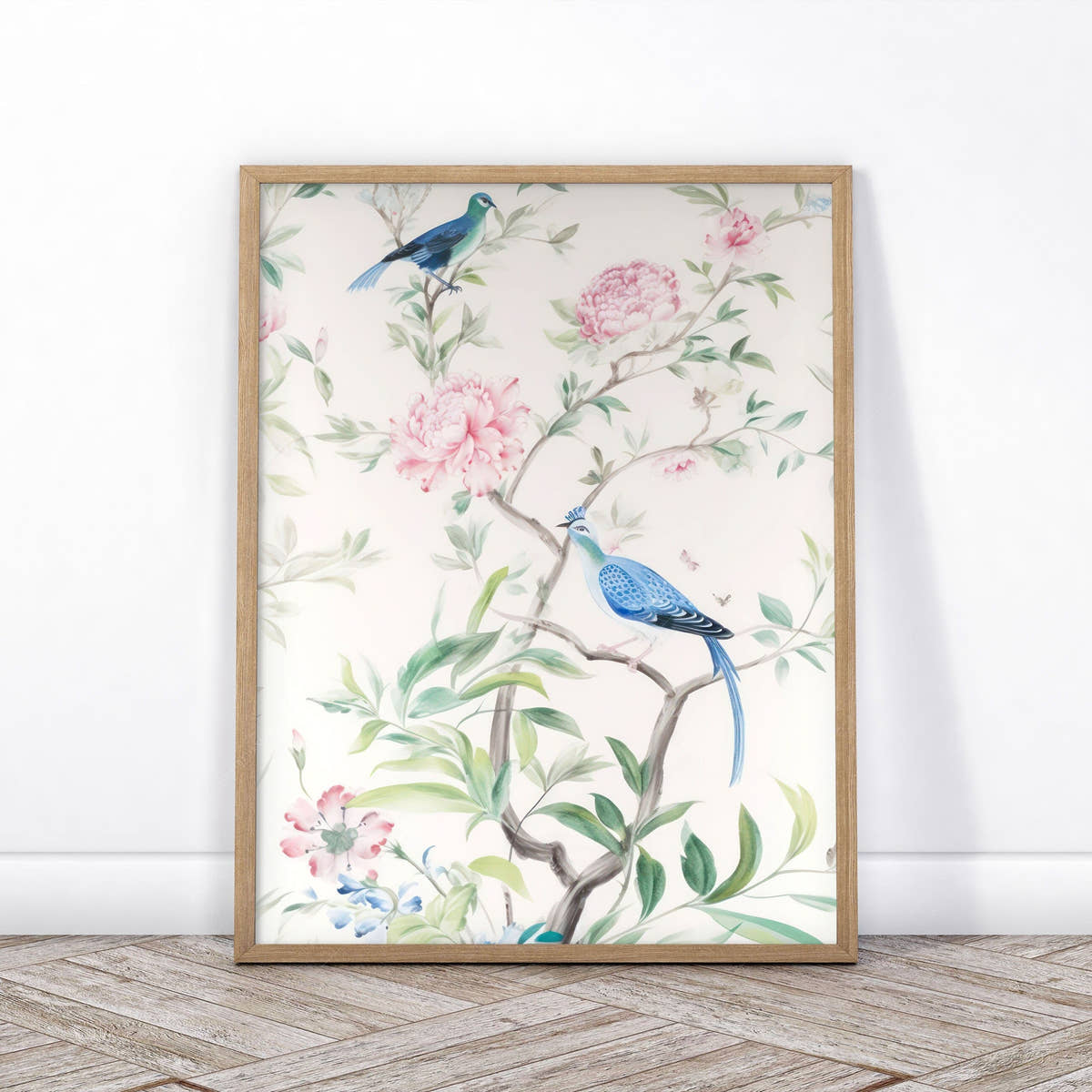 Set of 2 Chinoiserie prints, Delicate floral theme, Vintage bird wall art