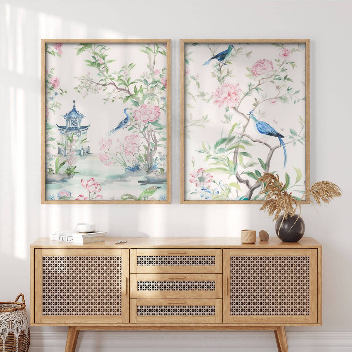 Set of 2 Chinoiserie prints, Delicate floral theme, Vintage bird wall art