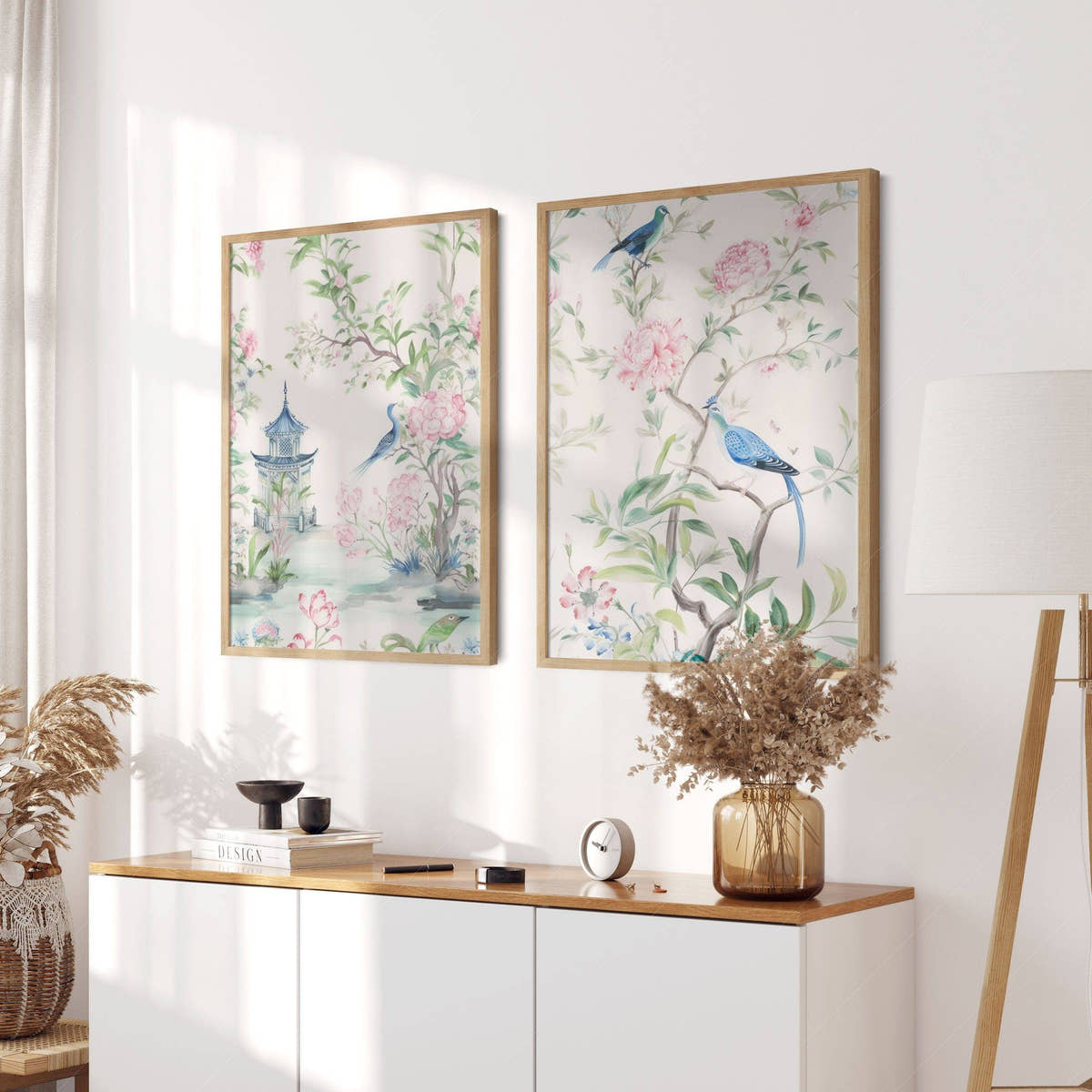 Set of 2 Chinoiserie prints, Delicate floral theme, Vintage bird wall art