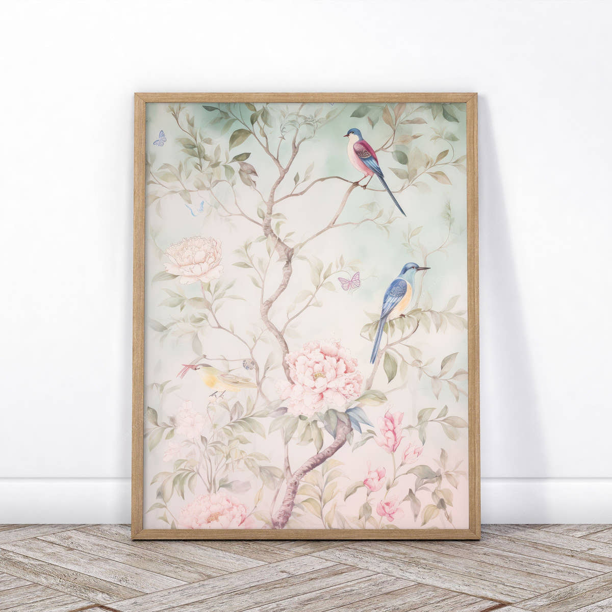 Set of 2 Chinoiserie prints, Delicate floral theme, Vintage bird wall art