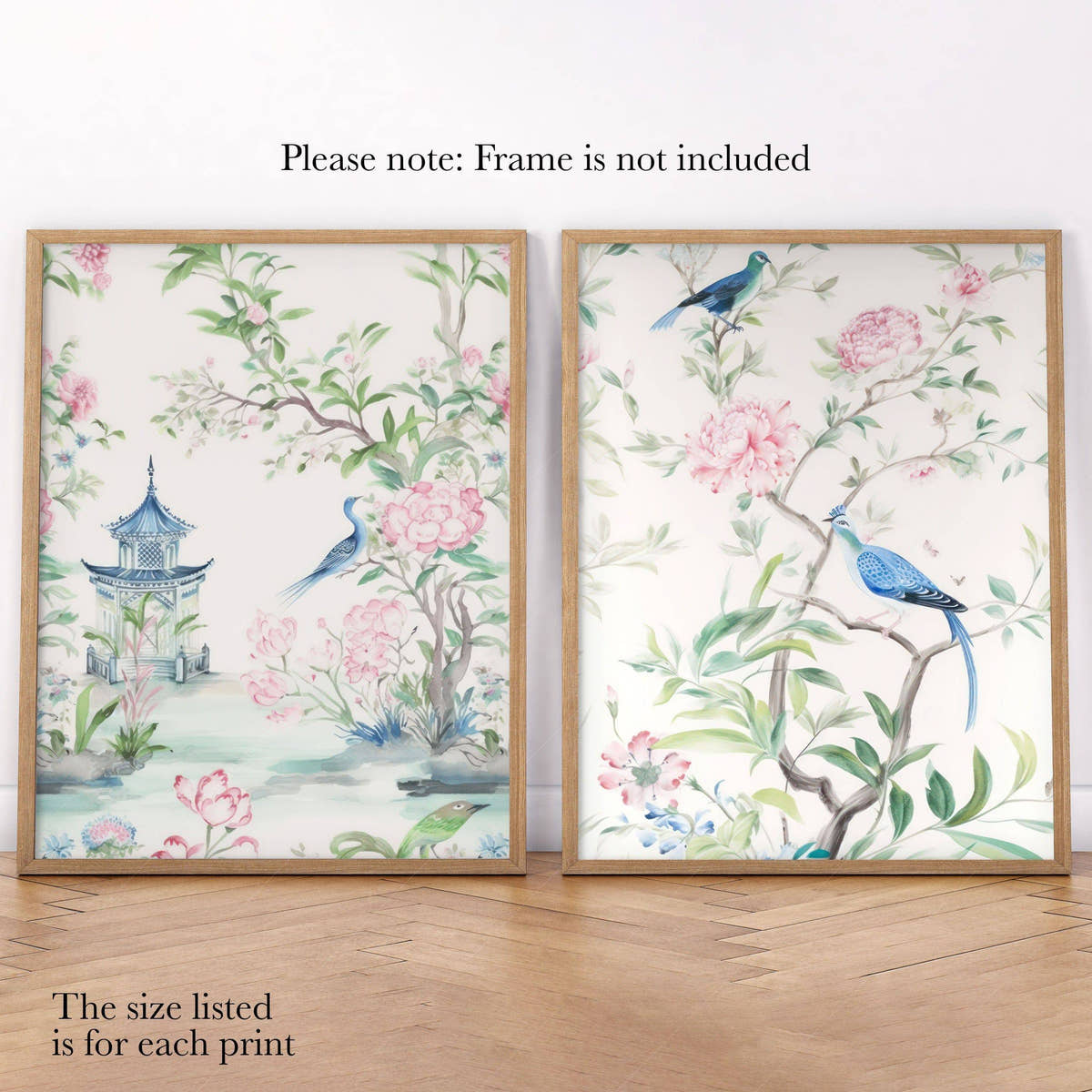 Set of 2 Chinoiserie prints, Delicate floral theme, Vintage bird wall art