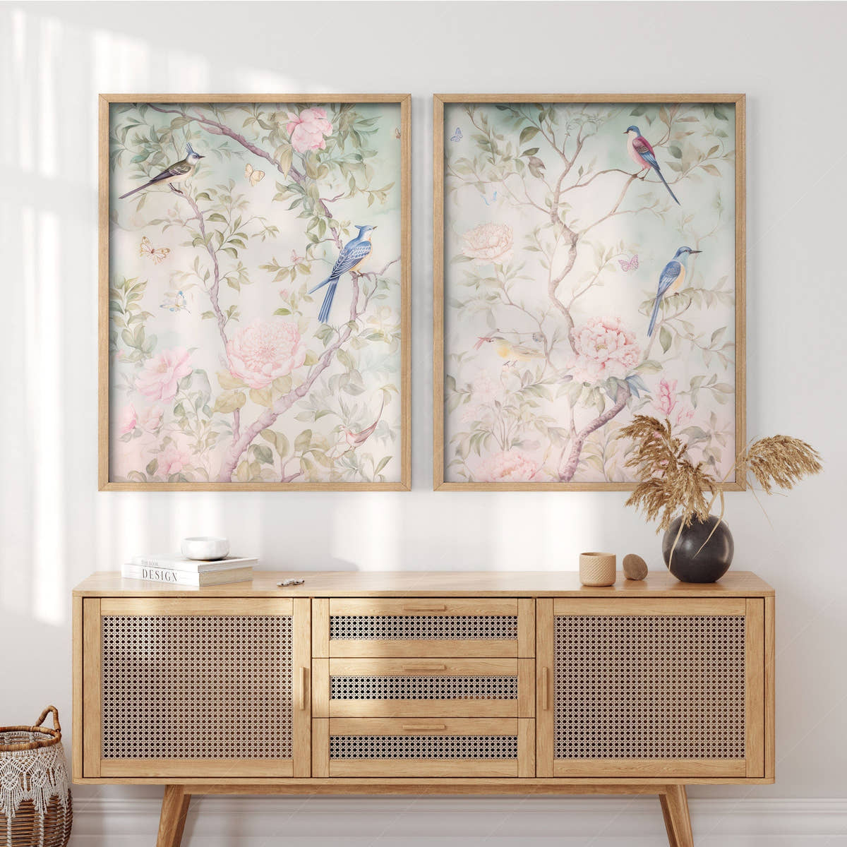 Set of 2 Chinoiserie prints, Delicate floral theme, Vintage bird wall art