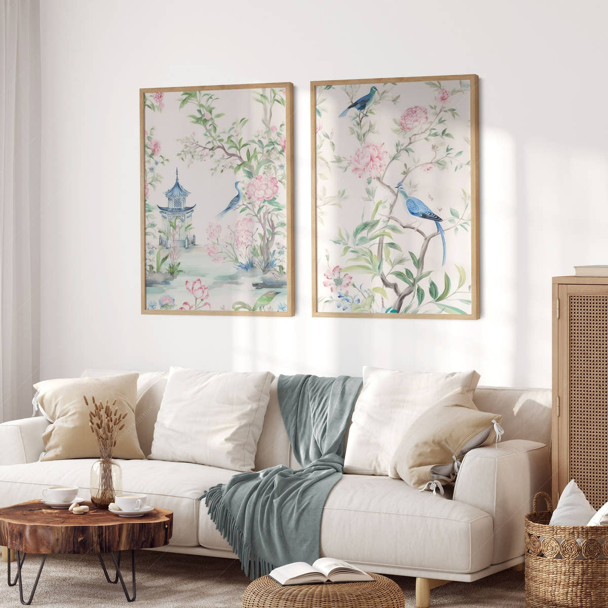 Set of 2 Chinoiserie prints, Delicate floral theme, Vintage bird wall art