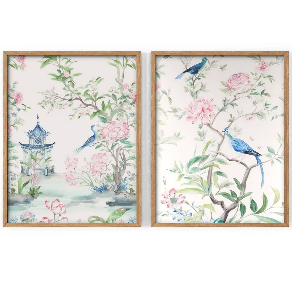 Set of 2 Chinoiserie prints, Delicate floral theme, Vintage bird wall art