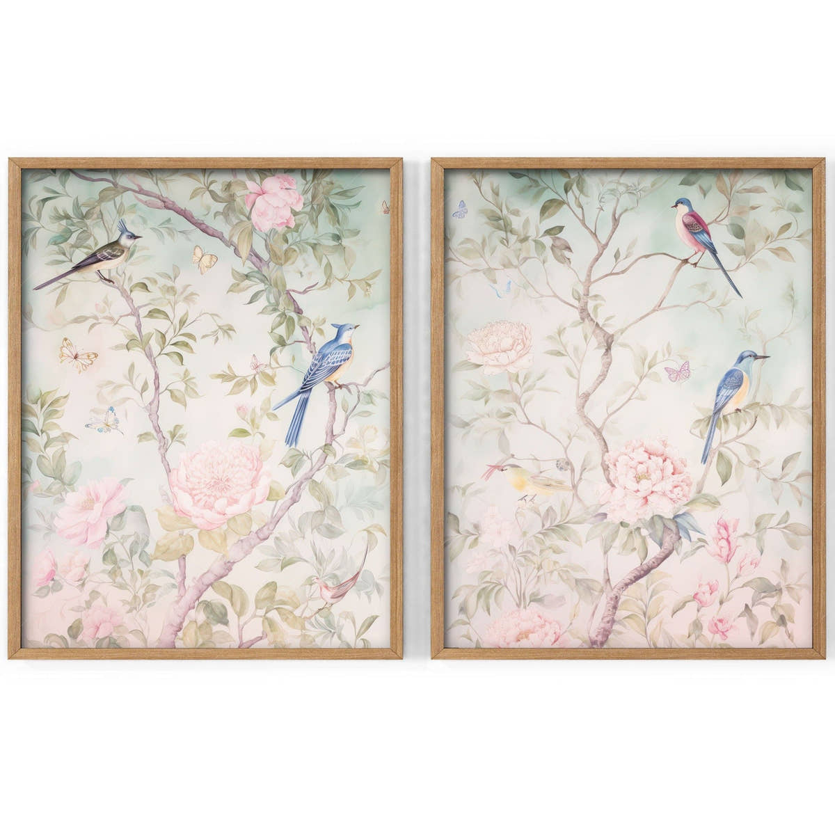 Set of 2 Chinoiserie prints, Delicate floral theme, Vintage bird wall art