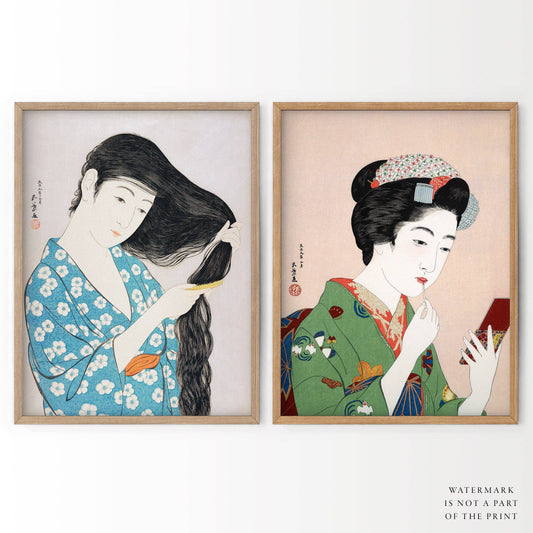Set of 2 Japanese Prints, Goyo Hashiguchi, Woman Combing Hair, Applying Rouge