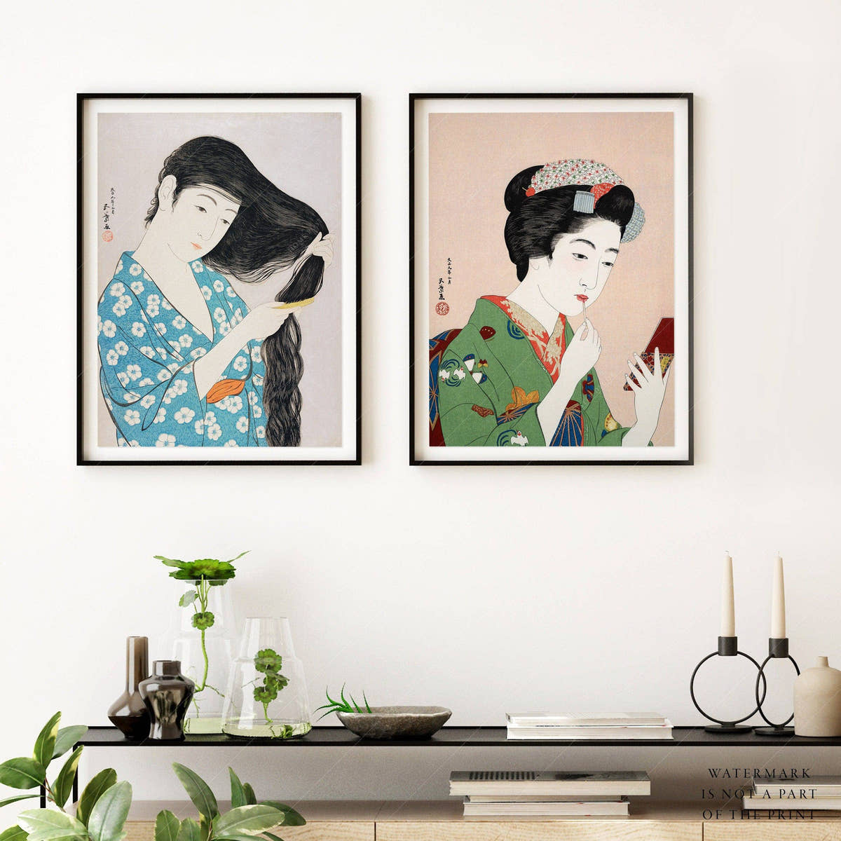 Set of 2 Japanese Prints, Goyo Hashiguchi, Woman Combing Hair, Applying Rouge