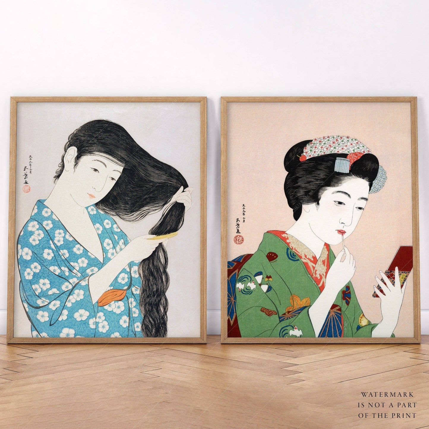 Set of 2 Japanese Prints, Goyo Hashiguchi, Woman Combing Hair, Applying Rouge