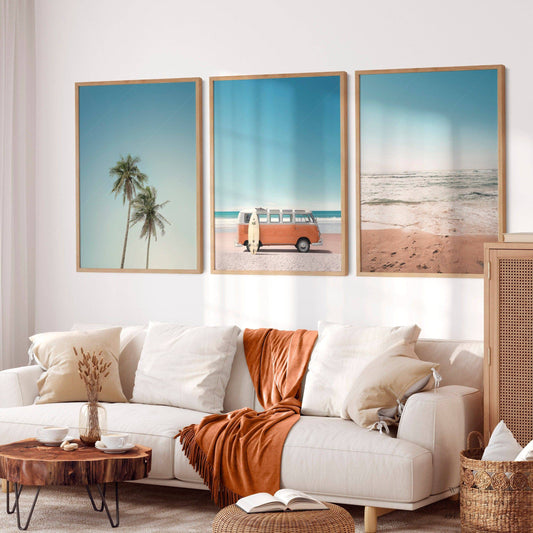 Set of 3 Beach Prints, Orange Kombi, Palm Tree Photo, Sand Beach