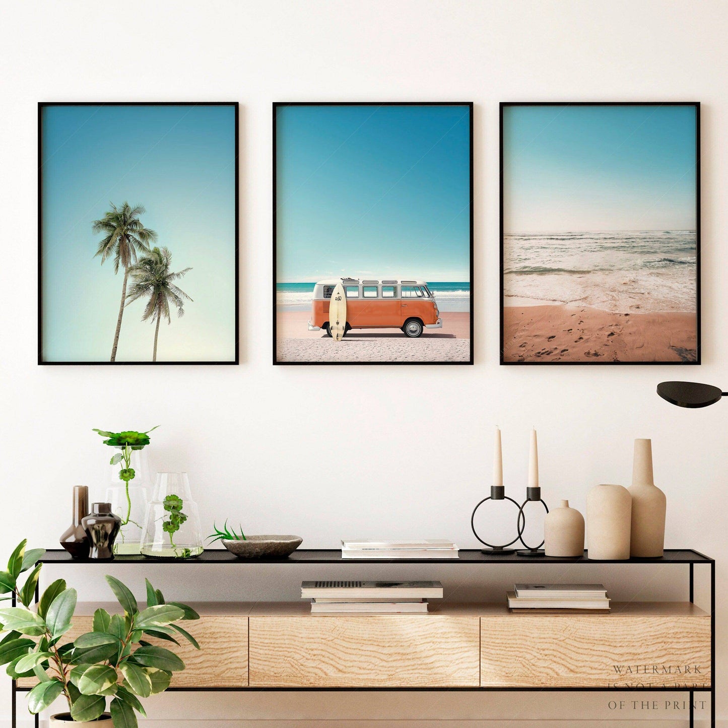 Set of 3 Beach Prints, Orange Kombi, Palm Tree Photo, Sand Beach
