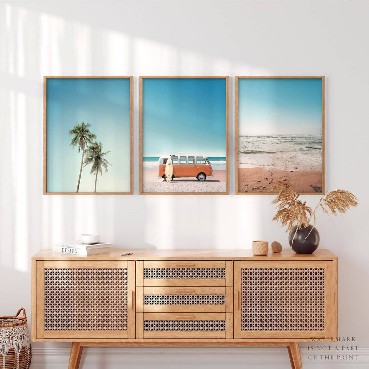 Set of 3 Beach Prints, Orange Kombi, Palm Tree Photo, Sand Beach