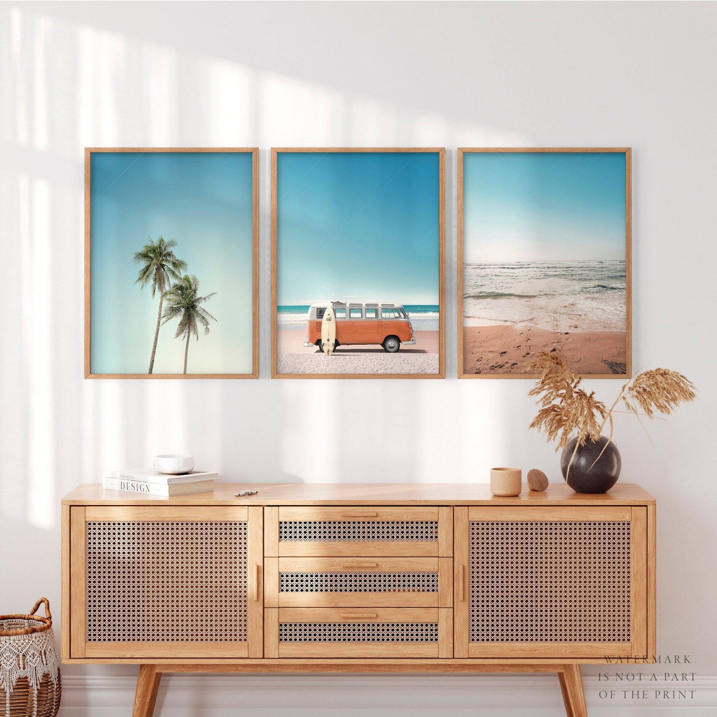 Set of 3 Beach Prints, Orange Kombi, Palm Tree Photo, Sand Beach