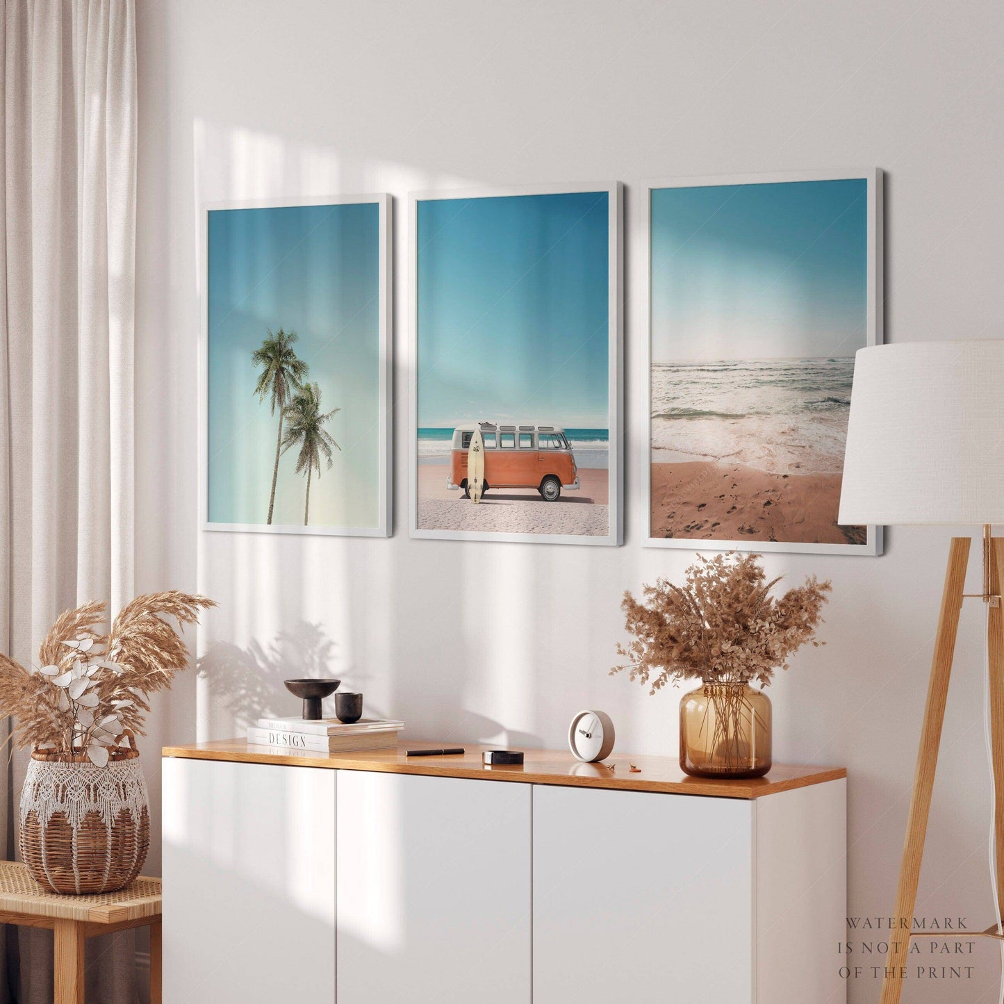 Set of 3 Beach Prints, Orange Kombi, Palm Tree Photo, Sand Beach
