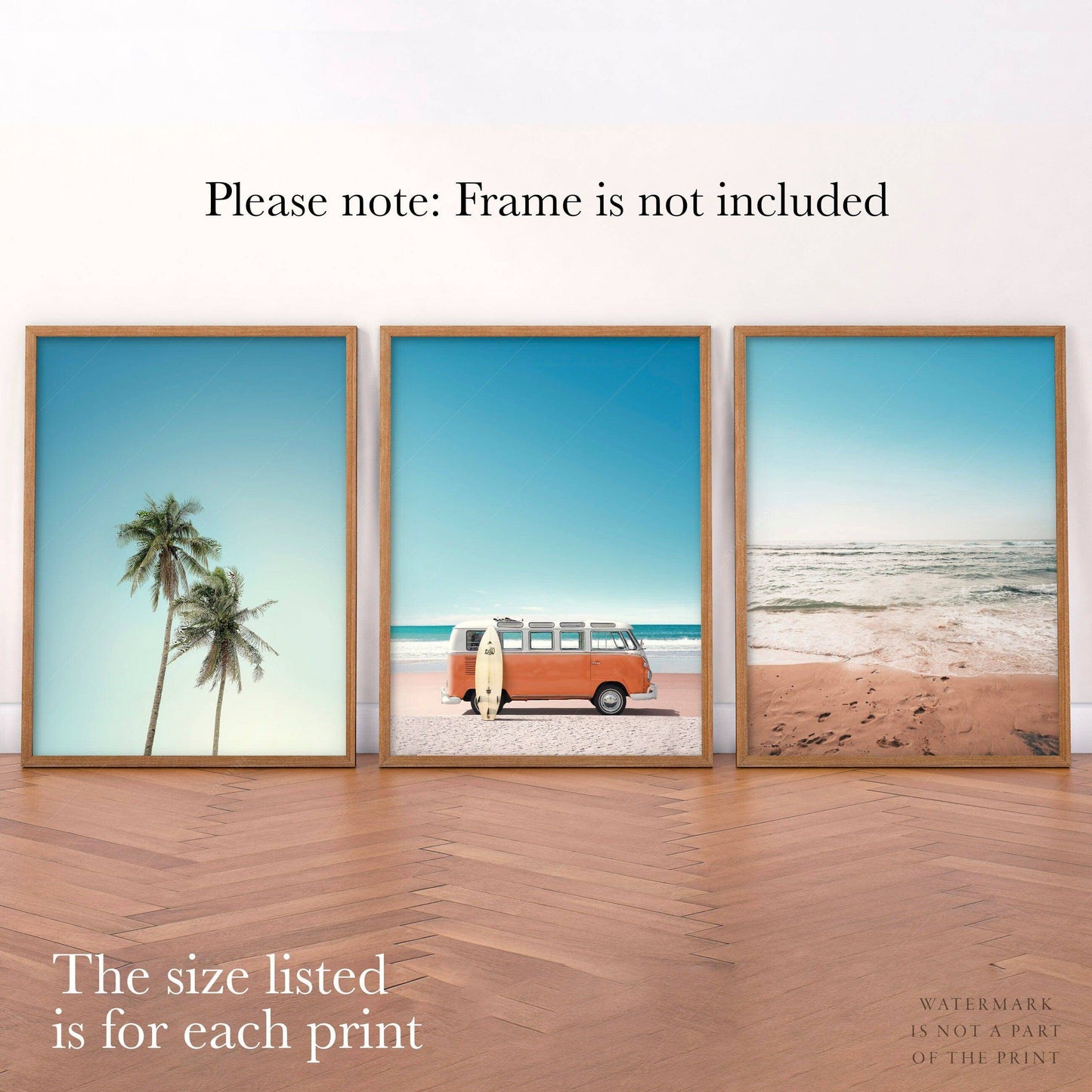 Set of 3 Beach Prints, Orange Kombi, Palm Tree Photo, Sand Beach