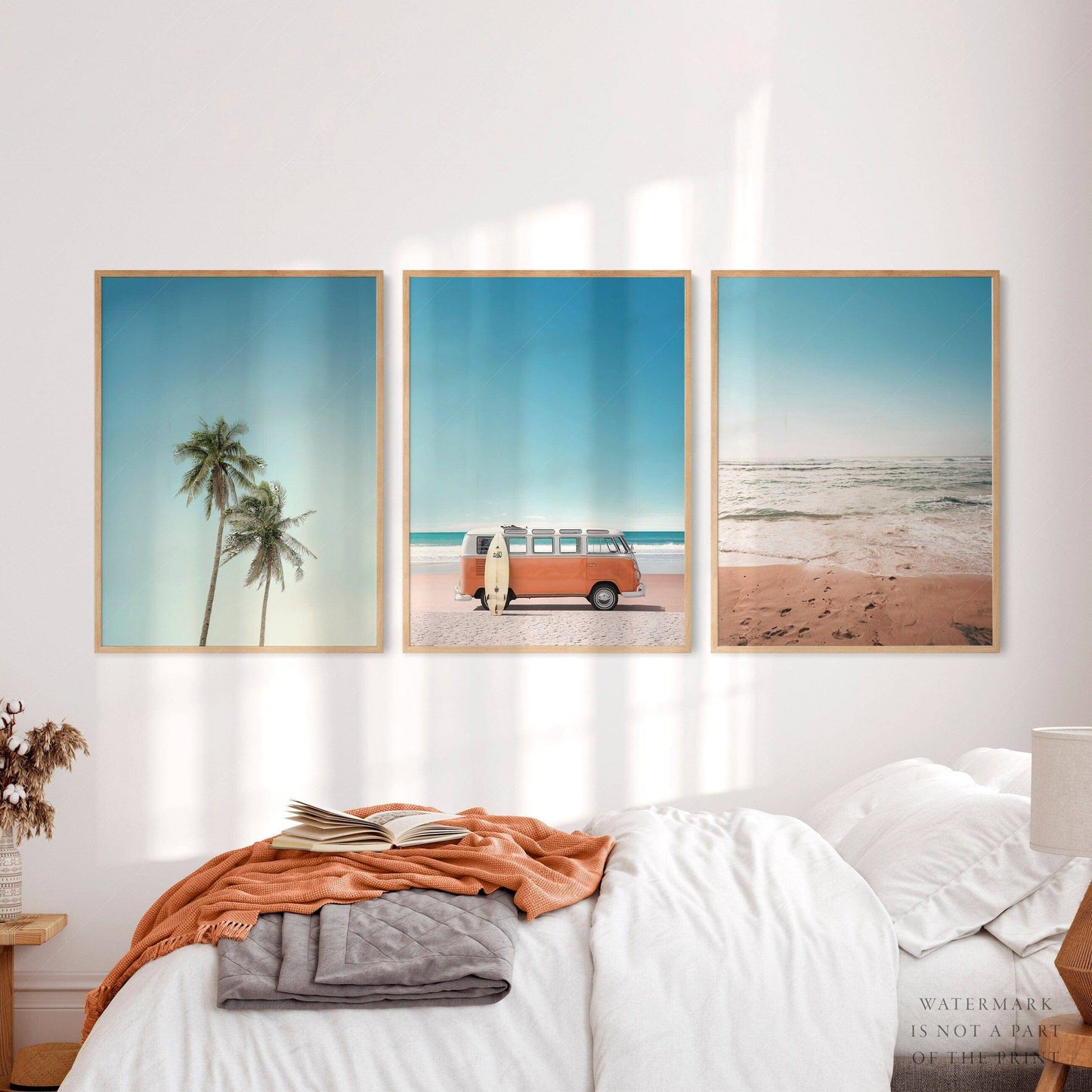 Set of 3 Beach Prints, Orange Kombi, Palm Tree Photo, Sand Beach
