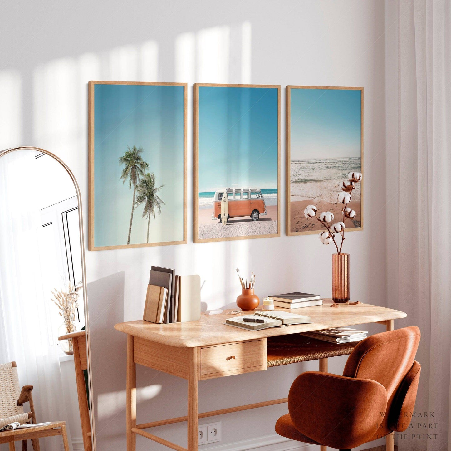 Set of 3 Beach Prints, Orange Kombi, Palm Tree Photo, Sand Beach