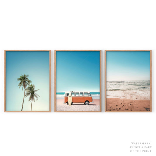 Set of 3 Beach Prints, Orange Kombi, Palm Tree Photo, Sand Beach