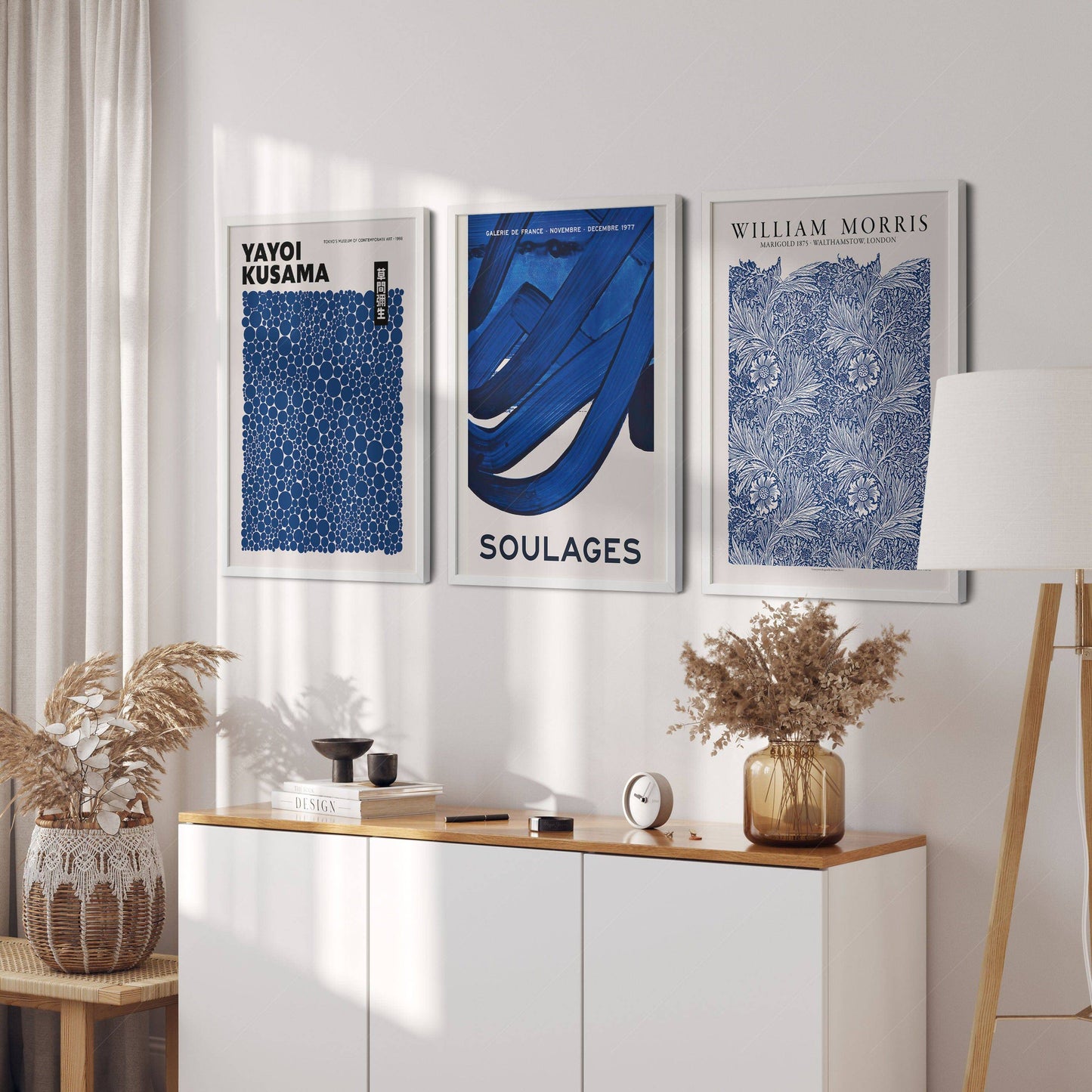 Set of 3 Prints, Indigo Blue Wall Art, William Morris, Yayoi Kusama, Pierre Soulages, Abstract Gallery Wall