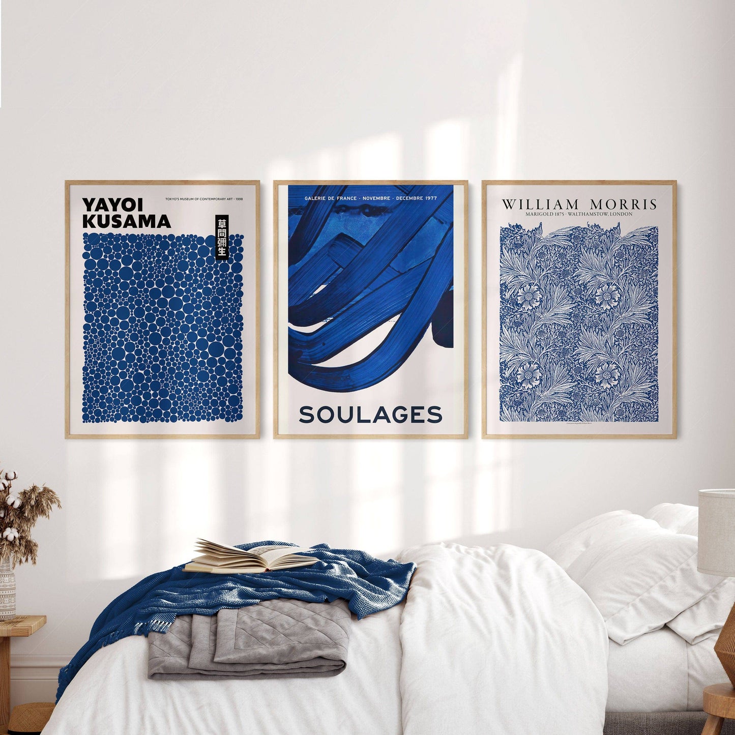 Set of 3 Prints, Indigo Blue Wall Art, William Morris, Yayoi Kusama, Pierre Soulages, Abstract Gallery Wall