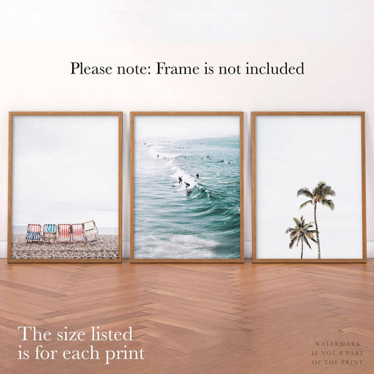 Surf Print, Palm Tree, Beach Wall Art, Set of 3 Prints