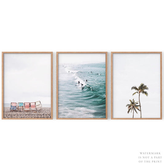 Coastal Beach Photography Set of 3 photography print displayed in a bright coastal living room