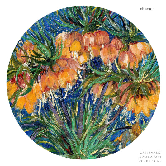 Van Gogh Imperial Fritillaries in a wall art print displayed in a bright modern living room