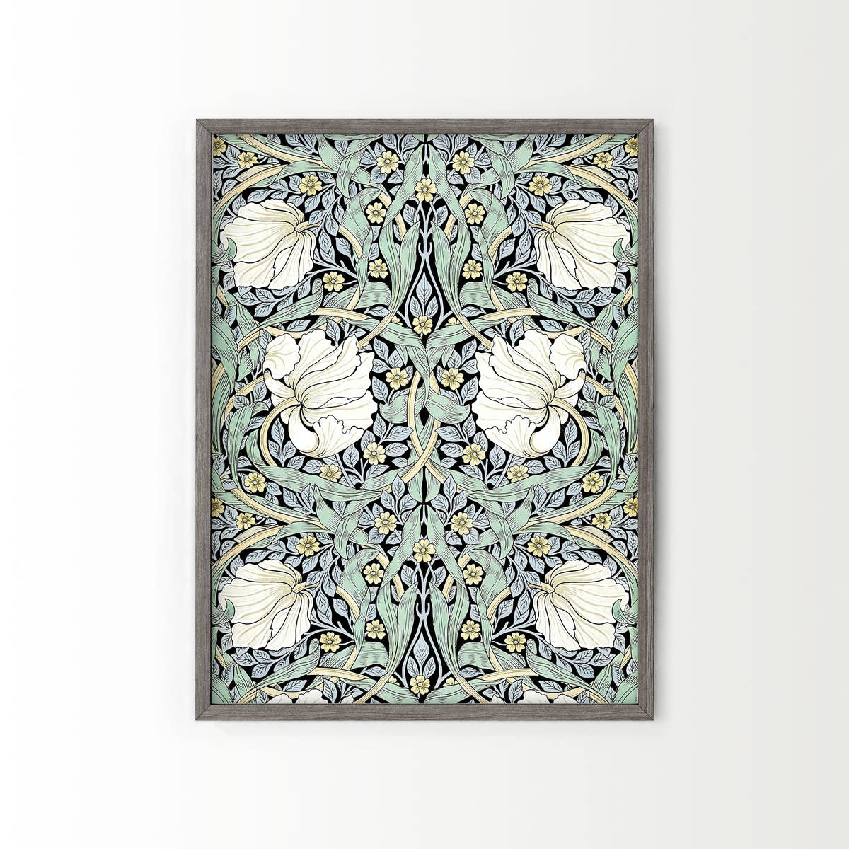 William Morris, Pimpernel Print, Green and White Floral Trellis pattern