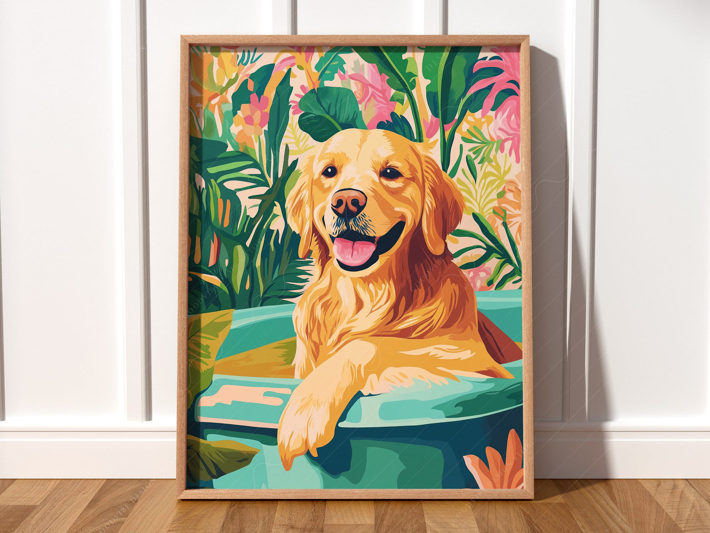Golden Retriever in Bathtub art print as wall decor in a minimalist home office